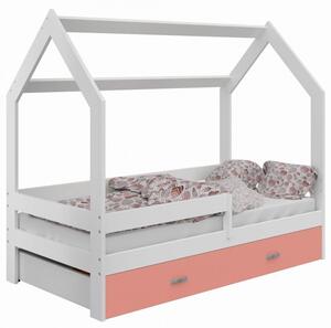 Tömör fenyő házikó gyerekágy fiókkal D3 160x80 cm tömör fa gyerekágy matrac nélkül - Fehárágy/rózsasz