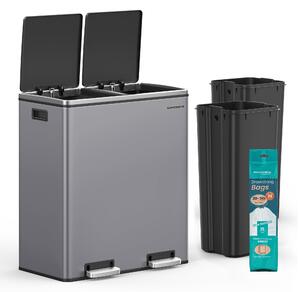 2 rekeszes pedálos recycling szemetes lágy záródással, szürke fém