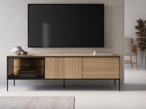 TV-állvány Evaliri 107, Edzett üveg, Laminált forgácslap, 62x196x41cm, Tölgy, Fekete