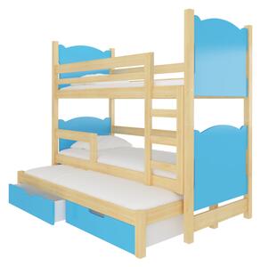 LETIA emeletes ágy, 180x75, fenyő/kék