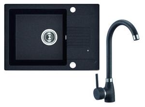Laveo Ceilia, 1 kamrás gránit mosogató 650x440x185mm + magas mosogató csaptelep, fekete, LAV-SJCG713T