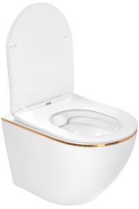 Rea CARLO mini - perem nélküli falra akasztható wc csésze 49x37, lassan eső ülőfelülettel, fehér-arany éllel, REA-C1222