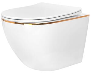 Rea CARLO mini-keret nélküli falra szerelhető WC-csésze 49x37, lassan eső üléssel, fehér-arany éllel, REA-C1222