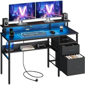 Íróasztal LED világítással és fiókokkal, 55 x 135 x 90 cm, fekete