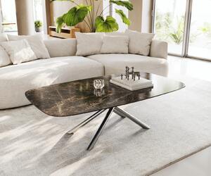 DELIFE Dohányzóasztal Edge hajóformájú 140x80 cm Laminam® Emperador kerámia extra fényes sötétbarna Sarity rozsdamentes acél szálcsiszolt