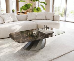 DELIFE Dohányzóasztal Edge hajóformájú 140x80 cm kerámia Laminam® Emperador Extra Lucidato sötétbarna Parabi metál ezüst