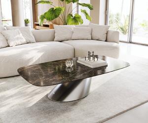 DELIFE Dohányzóasztal Edge hajóformájú 140x80 cm Laminam® kerámia Emperador Extra Lucidato sötétbarna kúpos rozsdamentes acél szálcsiszolt