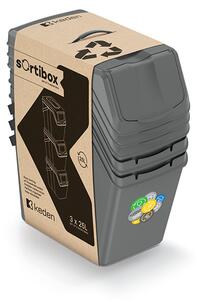 Sortibox 3 Darabos Szelektív Hulladékgyűjtő Rendszer Szett Döntött 3x25l Szürke