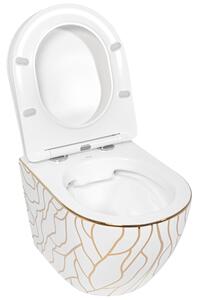 Rea Carlos Wave - falra akasztható WC csésze Rimless 49x37, lassan eső ülőfelülettel, fehér-arany, REA-C8767