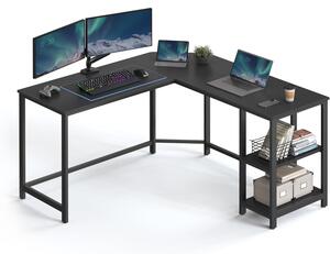 Számítógépes asztal, L-alakú sarok íróasztal, 2 tárolópolccal, fekete