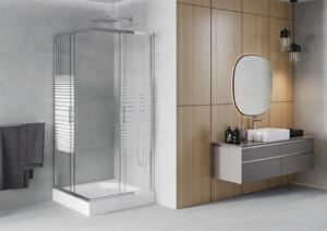 Mexen Rio, négyzet alakú zuhanykabin tolóajtóval 90 x 90 cm, 5mm átlátszó üveg / csíkok, króm profil + fehér magas zuhanytálca Rio, 860-090-090-01-20-4510