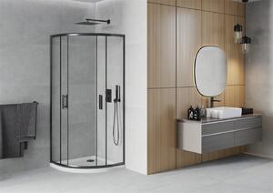 Mexen Rio, negyedkör alakú zuhanykabin tolóajtóval 90 x 90 cm, 5mm átlátszó üveg, fekete profil + fehér zuhanytálca, 863-090-090-70-00-4110B