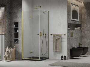 Mexen Lima, zuhanykabin összecsukható ajtóval 80 (ajtó) x 80 (fali) cm, 6mm átlátszó üveg, króm profil + vékony zuhanytálca fekete + arany szifon, 856-080-080-50-00-4070G