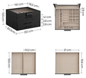 Ékszertartó doboz üvegfedéllel, 2 fiókkal, fekete 23x20x13cm