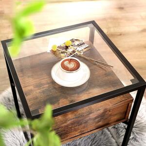 Lerakóasztal edzett üveglappal, fiókkal és polccal, rusztikus barna 43x43x54cm