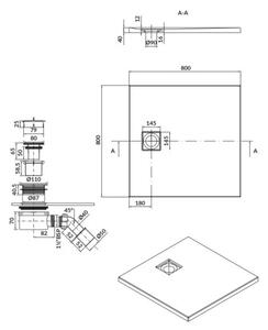 Cersanit Tako Slim, négyzet alakú akril zuhanytálca 80x80x4 cm + fekete szifon, fekete, S932-165