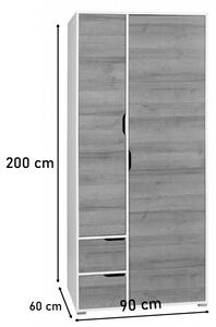 DITA SZ2D ruhásszekrény, 90x200x60, grafit/fehér/tölgy artisan