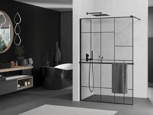 Mexen Kioto +, zuhany paraván polccal és törölközőtartóval 80 x 200 cm, 8mm üveg átlátszó üvegmintás fekete, fekete profil, 800-080-121-70-78