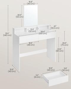 Fésülködőasztal, sminkasztal tükörrel fiókokkal, fehér 80x40x140cm