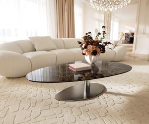 DELIFE Dohányzóasztal Edge ovális 140x75 cm kerámia Laminam® Emperador Extra Lucidato sötétbarna Vibany rozsdamentes acél szálcsiszolt