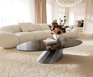 DELIFE Dohányzóasztal Edge ovális 140x75 cm kerámia Laminam® Emperador Extra Lucidato sötétbarna Parabi metál ezüst