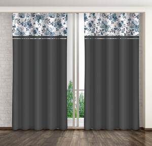 Sötétszürke dekoratív függöny egyszerű kék virágmintával Szélesség: 160 cm | Hossz: 250 cm