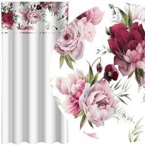 Egyszerű fehér függöny rózsaszín és bordó pünkösdi rózsaszínnel és bazsarózsaszínnel Szélesség: 160 cm | Hossz: 250 cm