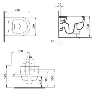 Sanovit BUENO fali WC - rimless - perem nélküli - rejtett szerelésű - mély öblítésű - rövid 49 cm