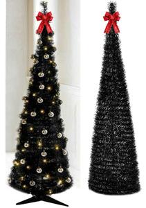 Mű pop-up karácsonyfa, fényfüzérekkel és gömbökkel díszített, 180 cm magas, fekete-fehér színű