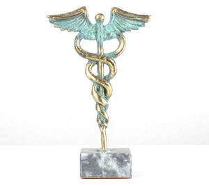 Kaduceusz gyógyítás medicina jelképe sárgaréz szobor