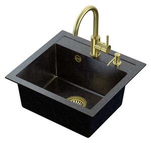 ART JOHNNY fekete arany opálos gránit mosogató Copper Black Pearl szifonnal, Naomi arany színű csap,arany színű adagoló
