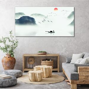 Vászonkép Tó hegyi köd madarak