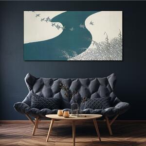 Vászonkép Téli folyó hó madarak