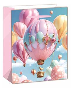 Hőlégballon mintás szalagfüles papír ajándéktasak (18 x 23 cm) - Rózsaszín/Mintás