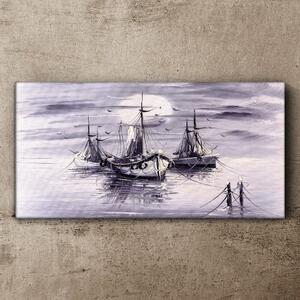 Vászonkép Éjszakai hold tengeri hajók