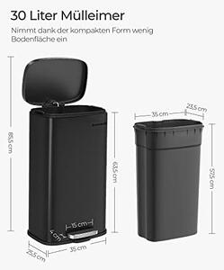 30 literes pedálos szemetes, acél, belső vödörrel, halk záródású fedéllel, fekete
