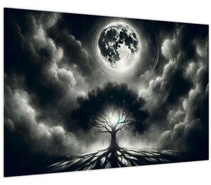 Kép – Fekete-fehér fa teliholdban (90x60 cm)