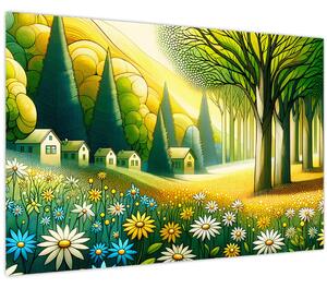Kép - Falu sárga-zöld színekben (90x60 cm)