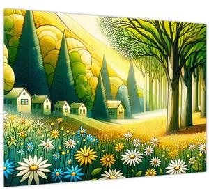 Kép - Falu sárga-zöld színekben (70x50 cm)