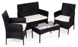 Kerti bútorszett, MultiGarden GT-118-BC-BG, fekete, rattan hatású, 4 részes: asztal: 70 x 39 cm, 2 szék, 1 pad, edzett üveg asztallap, párnákkal