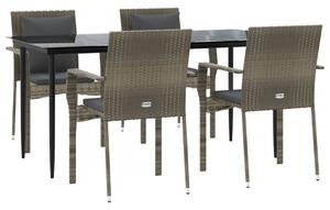 VidaXL 5 részes fekete és szürke polyrattan kerti étkezőszett párnával
