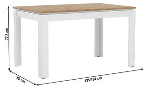 KONDELA Kihúzható asztal, fehér/wotan tölgy 135-184x86 cm, VILGO