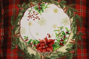Fehér desszertes tányér karácsonyi dísszel 20cm
