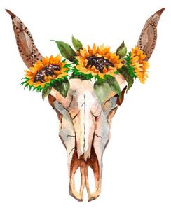 Fotográfia Watercolor isolated bull's head with flowers, Helen_Field