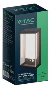 V-TAC napelemes fali IP54 LED lámpa, szenzorral, fekete házzal, meleg fehér - SKU 23032