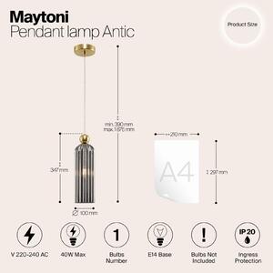 Maytoni Antic függőlámpa, szürke üvegbúrával, dimmelhető, Sárgaréz / arany, Nappali / Étkező, Üveg, Modern