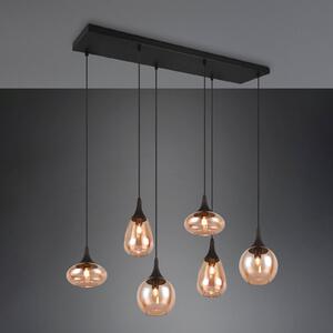 Trio Lighting Lumina függőlámpa, 6 lámpás, fekete/borostyán, üveg, dimmelhető, Fekete, Nappali / Étkező, Üveg, Modern