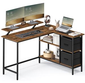 L alakú íróasztal 2 tágas fiókkal, számítógépes íróasztal állítható tárolópolccal, rusztikus barna