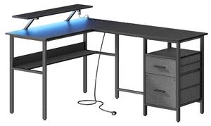 L alakú íróasztal aljzatokkal, számítógépes íróasztal LED világítással, fekete