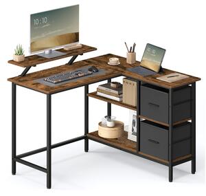 L alakú íróasztal 2 tágas fiókkal, sarokasztal állítható polccal, rusztikus barna